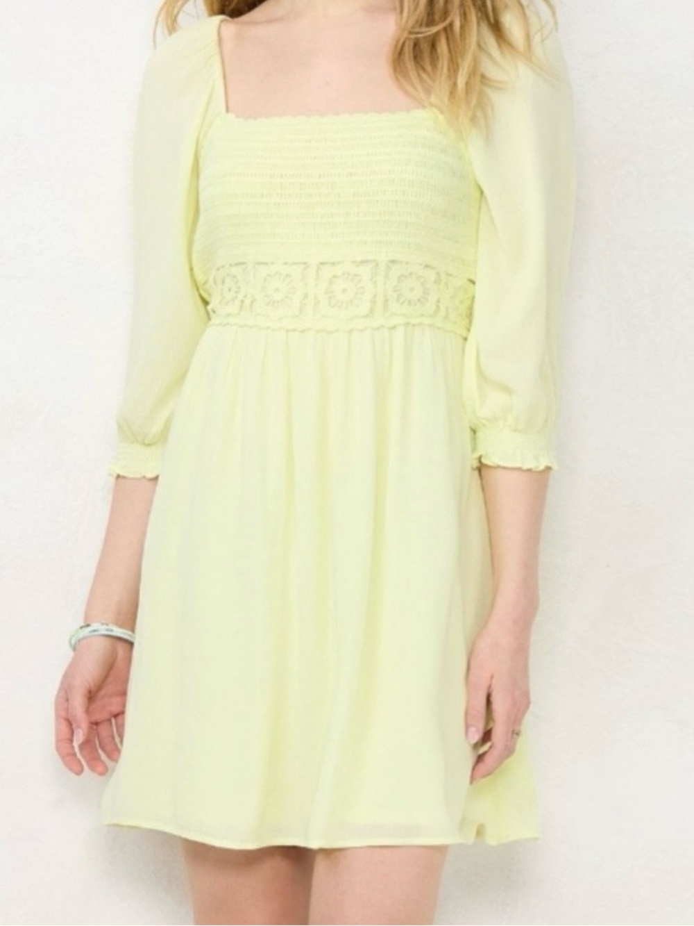 LC Lauren Conrad Light Yellow Crochet Smocked Mini Dress